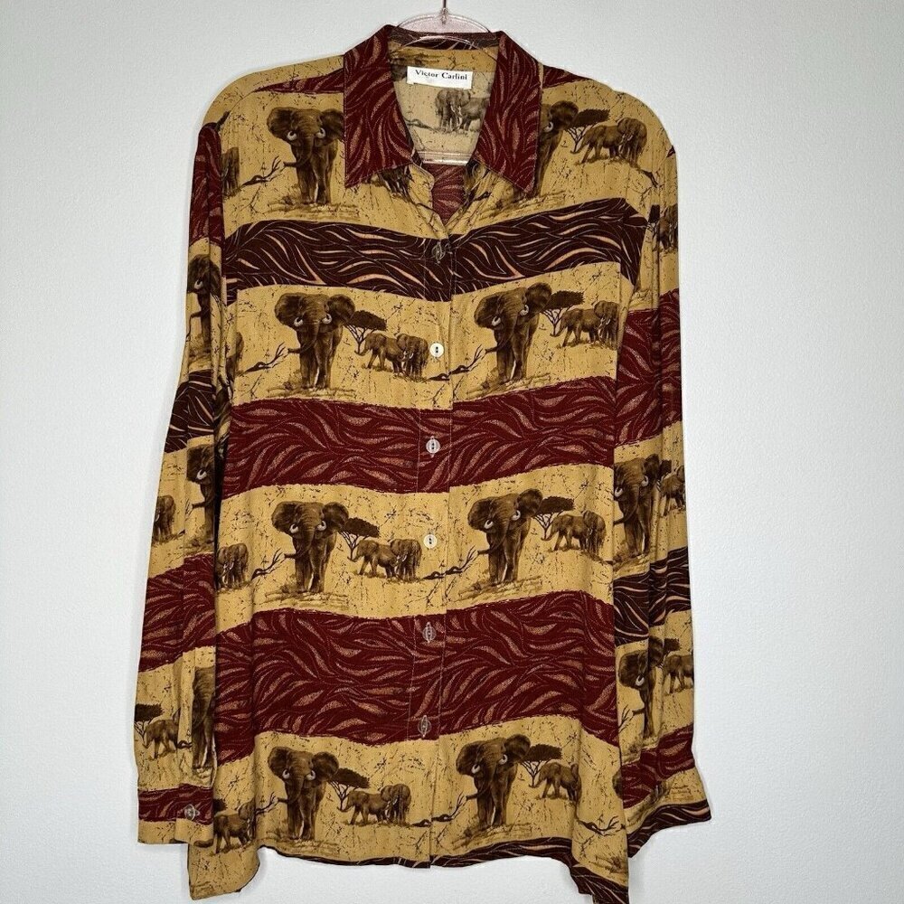 Victor‎ Carlini Tunic Shirt Button Front Elephants Size 14 Vintage